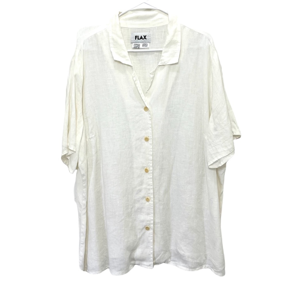 Flax Women's 2G White Button Down Shirt Blouse 100% Linen Short Sleeves